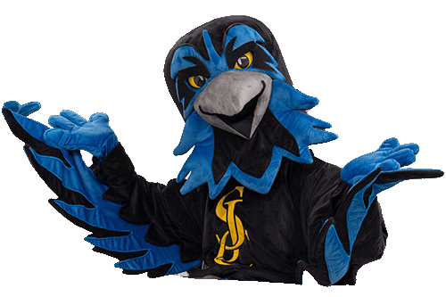san jac's mascot, poe, smiling at camera